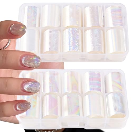 WOKOTO 2 Box 20 Rolls Aurora Nail Transfer Foil Sheets - Iridescent Nail Art Foil Stickers Holographic Nail Foils for Manicure Wraps Foil for Nails Pearlescent Designs Transfer Foil Nail Stickers