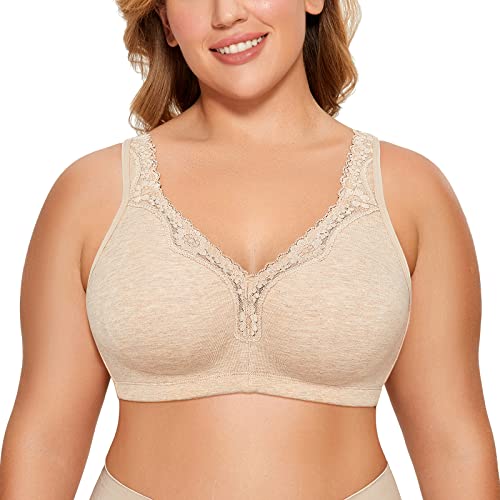 Delimira Women's Non Wired Bras Full Coverage Cotton Comfort Bra Plus Size Non Padded Soft Bras Oatmeal Heather 46D
