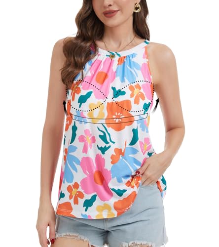 Image of Women Halter Tank Top with Built in Bra Flowy Sleevless Padded Camisole Loose Fit Summer Shirt Top S-3XL