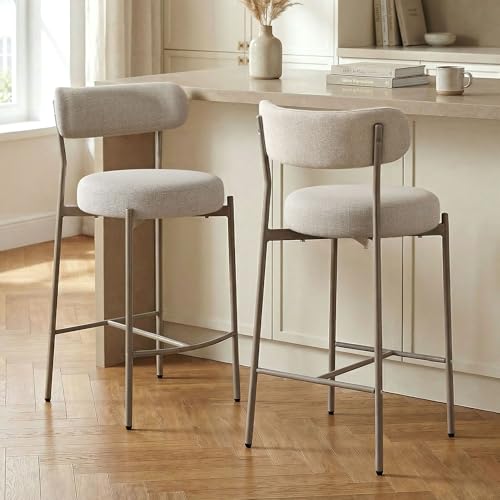 Sicaan Tabourets de Bar Lot 2 H65 cm 65 cm Assise 0,65 m Tissu Chenille Beige Pieds Métal Style Contemporain Cuisine Îlot Confort Équilibré Mousse 26...