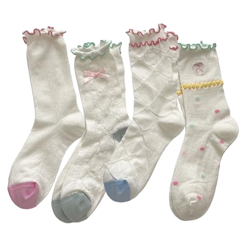 Starella Women's Cute Bow Ruffle Frilly Socks Mesh Polka Dot Casual Crew Sock for Girls Flats 4 Pairs