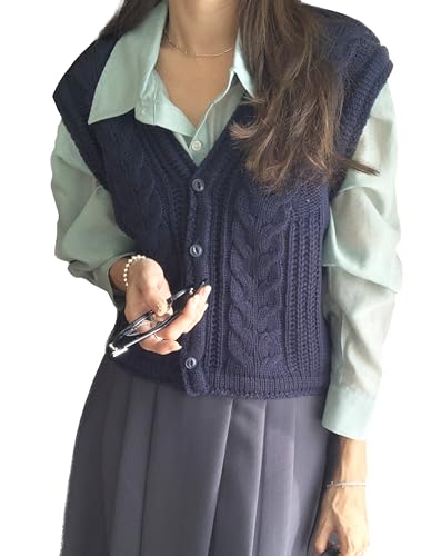 Women's Cable Knit Sweater Vest Button Sleeveless Chunky Sweater Tops