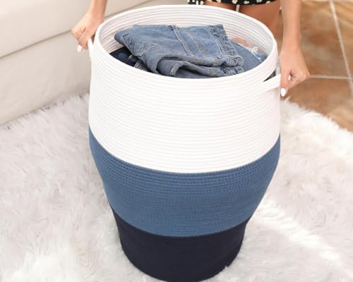 Image of Storage Cotton Rope Basket and Laundry Hamper for Dirty Clothes, Towels, Blankets, Pillows Storage in Living Room, Laundry Room and Bedroom (Tiranga With Lid, 14x18 Inch)