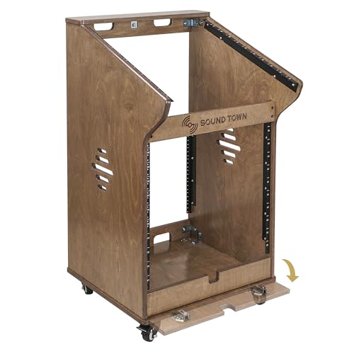 Sound Town DIY Studio Rack with 11U Slant Mixer Top, 10U Front Rack, 2U Bottom Storage, Casters, Rubber Feet, Baltic Plywood, Weathered Brown (SDRK-M11X12B)