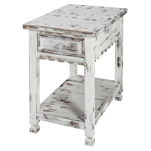 Rustic Cottage Chairside End Table with 1 Drawer & 1 Shelf Antique Dental Work, Distressed White Finish & Square Turned Legs for Living Room -  Bolton Furniture, ACCA13WA