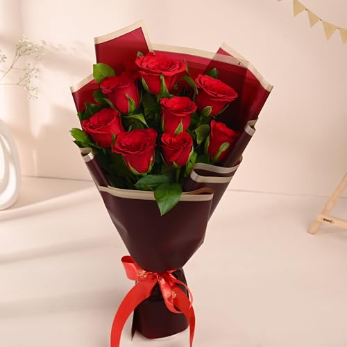 Image of FlowerAura Premium Fresh Live Flower Bouquet of 8 Red Roses In Designer Paper Gift For Birthday | Anniversary | Love | Home Decor | Fathers Day Gift For Dad