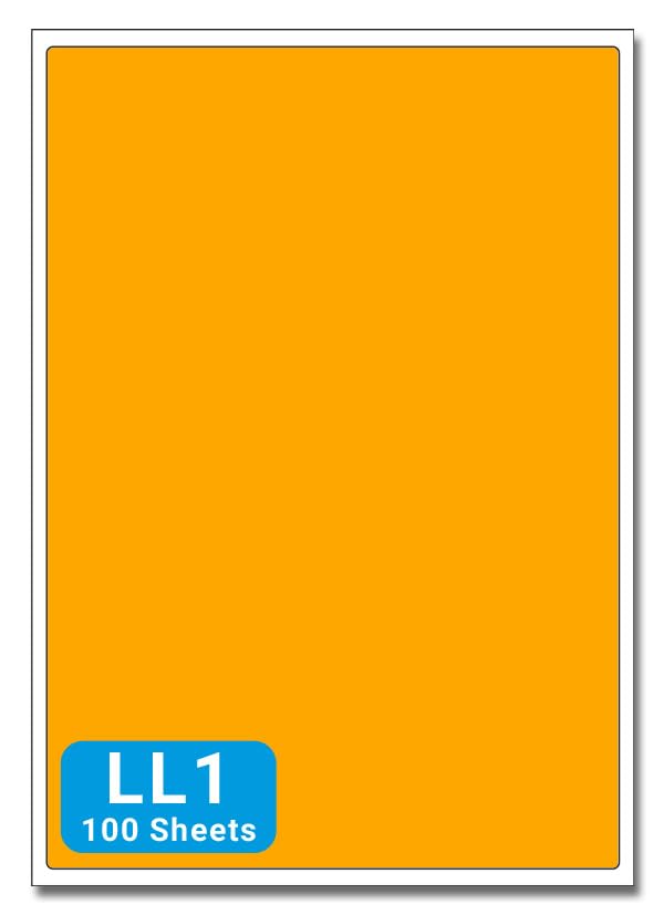 LL1 - A4 Sheet Labels - 1 to View 200mm x 289mm - 100 Sheets per Box (100 Self Adhesive Permanent Labels) (Flourescent Orange)