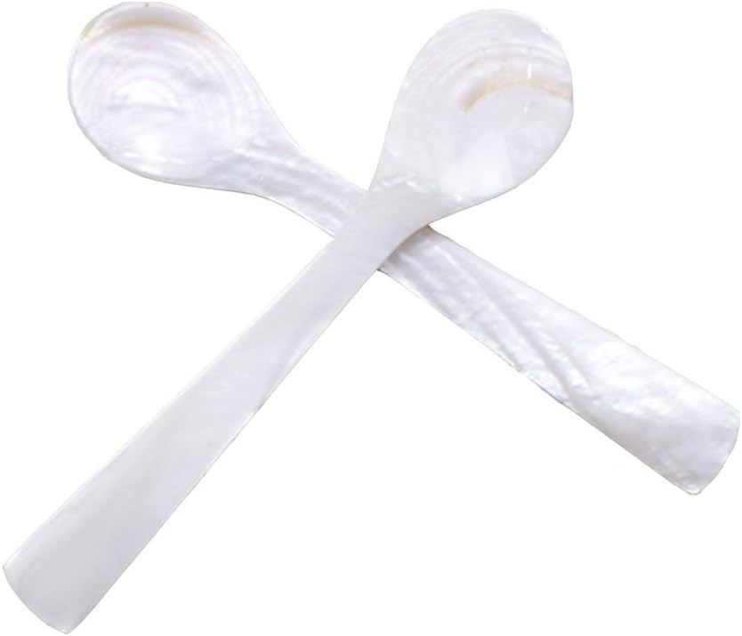 Dohuge 3.7 inch Mother of Pearl MOP Caviar Spoon W Round Handle, 2 pack, White