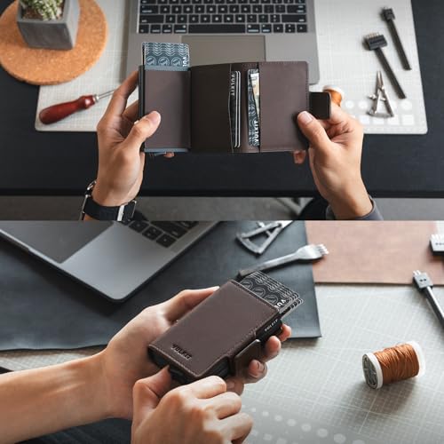 Image of VULKIT Credit Card Holder RFID Blocking Leather Automatic Pop Up Wallet Magnetic Wallet Double Card Case for Men and Women