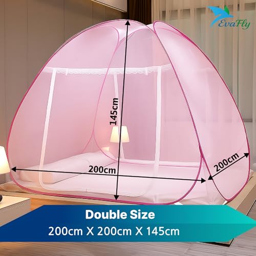 Image of Evafly Mosquito Net for Double Bed | Heart Design (Limited Edition) | King Size Foldable Machardani | Polyester 30GSM Durable Net | PVC Coated Corrosion-Resistant Steel Wire - Full Pink