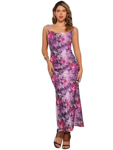 Image of Allegra K Women Wedding Guest Mesh Floral Spaghetti Strap Dress | Maxi. Sleeveless design with fishtail hem. Suitable for club, party, cocktail, homecoming.