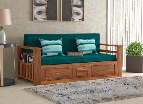Image of Solid Sheesham Wooden Sofa Cums Bed with Mattresses for Living Room|Rosewood 3-Person Sofa Cums Bed for Bedroom Without Pillow (E-Natural Finish)