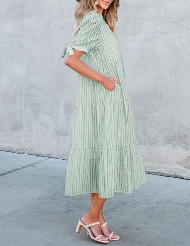 Image of Theenkoln Womens Casual Midi Dress: Short Sleeve V-Neck Empire Waist Gingham Spring Fashion Long Trendy Tiered Formal Dresses