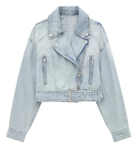 chouyatou Women's Fall Moto Biker Distressed Denim Jacket Boyfriend Casual Belted Short Jean Jacket