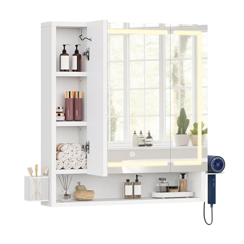 YITAHOME Spiegelschrank Bad mit Beleuchtung, 3 Türen LED Badezimmer Spiegelschrank, Steckdosen, Hängender Badezimmerschrank, Wandschrank, Badezimmerspiegel, 70W x 15D x 75H cm, Weiß