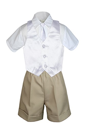 MILLTEX 4 Pieces Set Formal Party Wedding Color Satin Vest & Necktie Shirt Khaki Shorts Set New Born Baby Boy Toddler Sm-4T (4T, White)