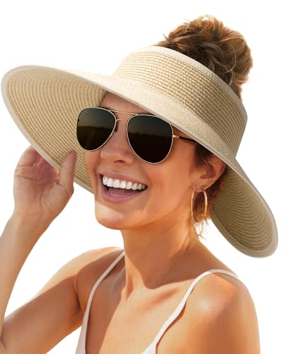 Image of FURTALK Womens Sun Hat with Ponytail Hole Wide Brim Beach Straw Visor