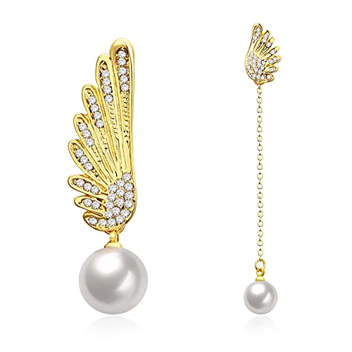 ZQHWYZ 14K Yellow Gold Drop Earrings for Women Dangling, Long Asymmetrical Diamond Wing with Pearl Dangle Earrings for Women Gol