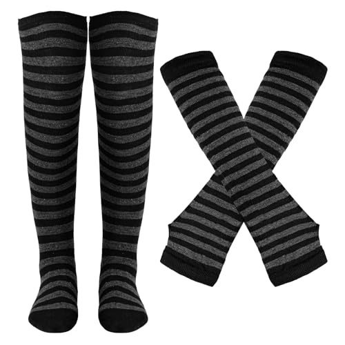 Image of Tongcloud Women's Striped Knee High Socks, Over Knee Thigh High Socks, Arm Warmer and Fingerless Gloves Set