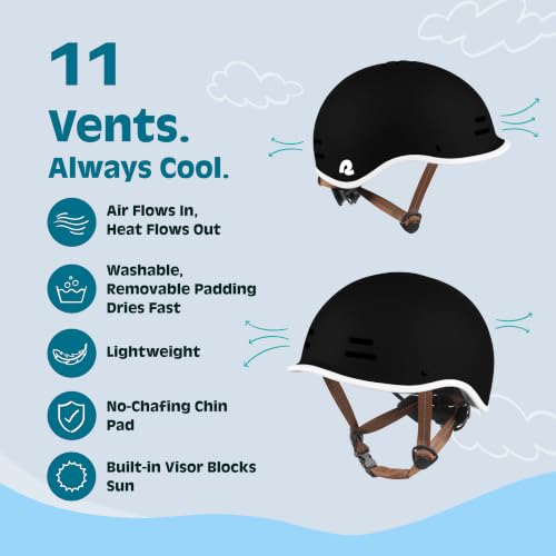Retrospec Remi Kids' Bike Helmet for Youth Boys & Girls- Bicycle Helmet with Built-in Visor and Adjustable Reflective Straps for Skateboarding, Scooters, Rollerblading - Matte Black - 49-53cm - image 3