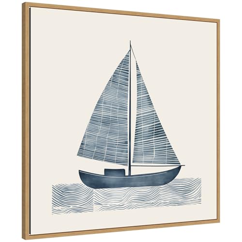Kate and Laurel Framed Canvas Wall Art Print Nautical Blue Sailboat SQ Expansion by The Creative Bunch Studio, 30 x 30 Sylvie Natural Frame, Coastal, Abstract Art for Wall Decor