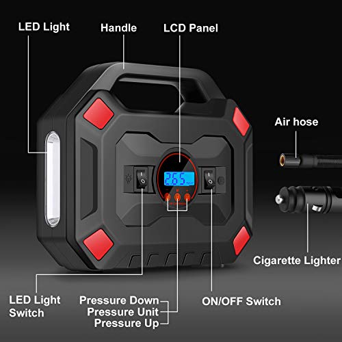 Portable Air Compressor Tire Inflator, DC 12V Air Compressor Tire Inflator with Digital Pressure Gauge LED Light, Auto Tire Pump Air Pump for Car, Bicycle, Motorcycle, Balls - Thumbnail 7