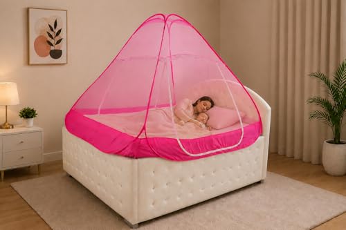 Image of Healthy Sleeping Mosquito Net | Double Bed | Supreme King Size Bed | Foldable Machardani with 2 Side Zipper Opening | Strong 30GSM Polyester Net | PVC Coated Steel Wire (Pink)