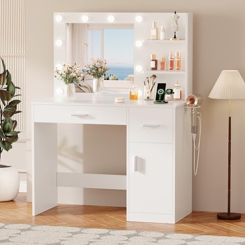 Image of YESHOMY 35.4 inch Vanity Desk with Mirror & Lights, Power Outlet and 3 Storage Shelves, Makeup Vanity Table with Open Shelves for Bedroom Dressing Room,Clean White