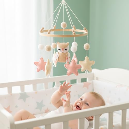 Móvil para cuna de madera premium hecho a mano con detalles de búho y estrella de fieltro 4