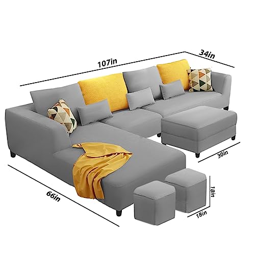 Image of Galib LHS 8 Seater L Shape Sofa Set with Ottoman & 2 Puffy for Living Room (Grey) Premium Fabric