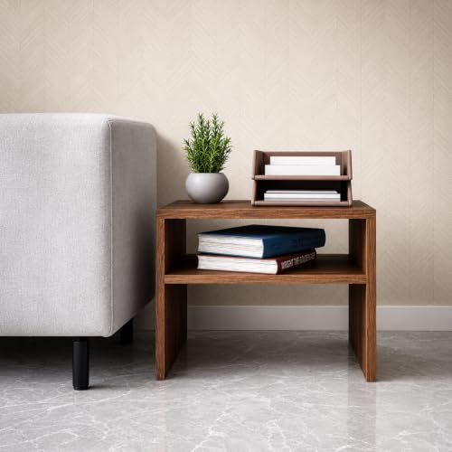 Image of ECOLINE End Table - Side Table Wooden for Bedroom and Living Room, Compact Nightstand with Shelf Storage, Small Bedside Table for Home, Modern Finish - Walnut Brown