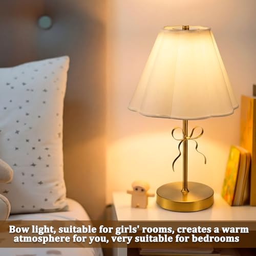 Image of Gold Bow Table Lamp for Girls Room 16 Inch Large Coquette Bow Table Lamp with Scalloped Fabric Shade Modern Decorative Desk Light for Nightstand Living Room Nursery Bedroom