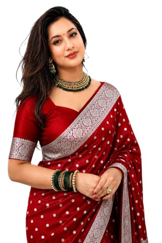 Image of Women's Glory Banarasi Satin Silk Saree with Rich Gold Silver Zari Floral Embroidery | Kanjivaram Style | Traditional Wedding & Festive sadi with Contrast Border