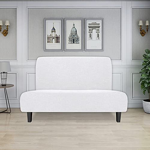 Image of Easy-Going Stretch Medium Futon Slipcover Armless Futon Cover Snow White | Sofa Bed Furniture Protector Without Armrests with Elastic Bottom for Kids, Soft Jacquard Machine Washable