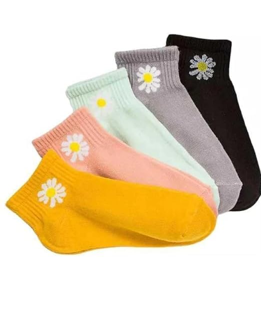 Daisy Pattern Ankle Socks, Pack of 5, Multi-Colour Socks for Women-image-6