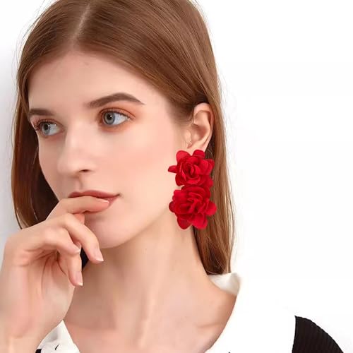 Big Flower Drop Earrings for Women Long Fabric Floral Dangle Earrings Bohemian Exaggerated Statement4