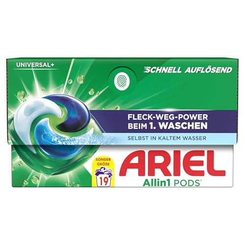 Ariel Allin1 PODS®, Flüssigwaschmittelkapseln 19 Wäschen, Universal+, Fleck-Weg-Power ab der 1. Wäsche, selbst in kaltem Wasser