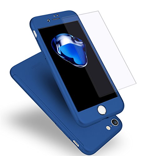 iPhone 7 Case, Coocolor 360 Degree All-Around Ultra Thin Full Body Coverage Protection Dual Layer Hard Slim Case + Tempered Glass Screen Protector for iPhone 7 (Blue)