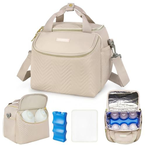 Image of Wearable Breast Pump Bag,Breastmilk Cooler Travel Bag Compatible with Momcozy/Eufy/Elvie/Willow/Medela Breast Pump with Ice Pack and Water Resistent Mat for 6 Baby Bottles Up to 9 Ounce,Khaki