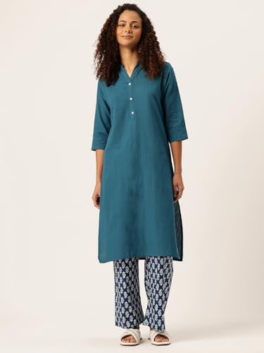 Image of feranoid Women's Plain Cotton Kurta with Mandarin Collar, 3 /4 Sleeves & Pocket