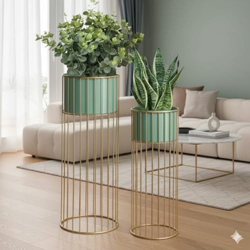 Image of Inspired Creations Premium Metal Planter Stand for Indoor Plants - Set of 2, Modern Decorative Gold Flower Pot Stands for Living Room, Home Decor, Balcony & Garden (Sturdy & Rust-Proof)