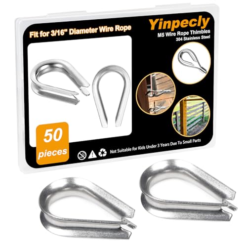 Yinpecly 50 Pcs M5 304 Stainless Steel Thimbles for 3/16 Inch Diameter Wire Rope/Cable, Rope Thimble Rigging for Marine Rigging, Sailing, Fishing, Railing, DIY, Commercial, Industrial Applications