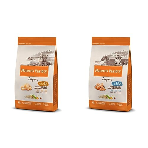 Nature's Variety Original, Pienso para Gatos Adultos con Pollo Deshuesado, 7kg & Original, Pienso para Gatos Adultos Esterilizados con Salmón sin Espinas, 7kg