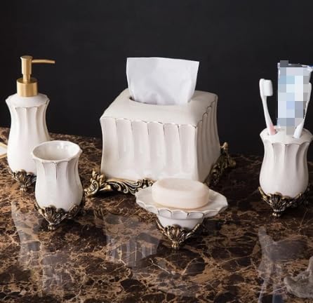 Juego de Accesorios de baño, Juego de baño Cinco Piezas Estilo Europeo, artículos, Kit Blanco, tocador, Juego Lavado, cerámica for el hogar, Accesorios Decorativos(D,Pack)