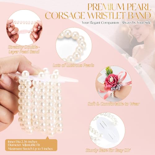 HIONXMGA Corsage Wristlet Band 4 Pcs Elastic Pearl Wrist Corsage Bracelets Bands for Women, Stretch Pearl DIY Handmade Prom Flower Supplies Accessories for Wedding Graduation Party3