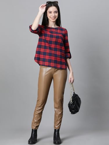 Image of oxolloxo Women Cotton Casual Tops | Regular Fit Checked Checked Round Neck |Regular Tops for Women |Navy Blue