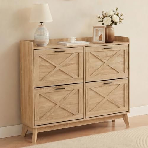 CASABEL Meuble à Chaussures 4 Abattants, Façades à Motif Croix, Bois, Design Fonctionnel, Blanc, Grande Capacité 24 Paires, Meuble de Rangement Pratique...