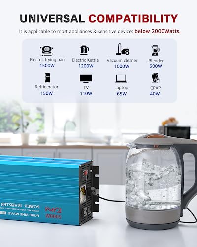 Lcymw 2000 Watt Inverter Pure Sine Wave Dc 12V To 110V Ac Power Inverters With 3 Ac Charger Outlets, Car Inverter Solar Power Inverters For Vehicles Home With Lcd Display And 2.4A Usb Charging Ports #TOP5