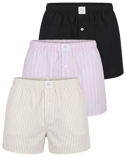 Image of Real Essentials 3 Pack: Men's Woven Cotton Poplin Lounge Shorts Sleep Casual Comfy Loose Fit Elastic Waist PJ Bottoms Pockets