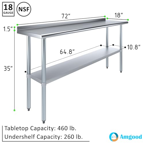 Image of AmGood Stainless Steel Work Table | Metal Utility Table (72 inch Long x 18 inch Deep)